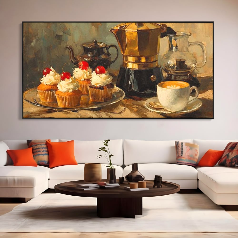 Tablou canvas cu pictura statica cu briose si cafea, in rama de aluminiu negru, pe perete intr-un living